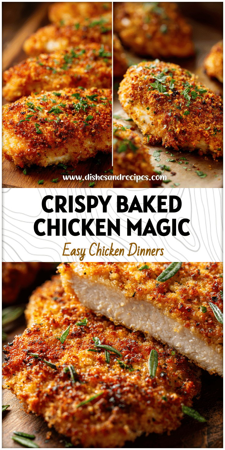 Close-up of baked Parmesan Breadcrumb Chicken with a golden crust and fresh herbs on top.